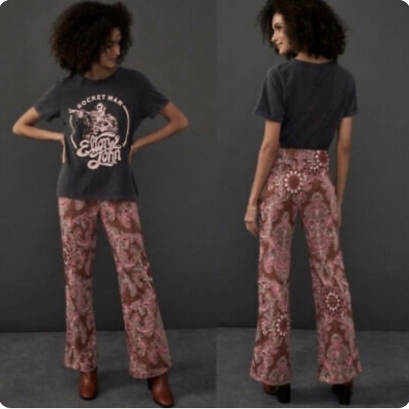 Anthro MAEVE Pink Paisley Flare Leg Retro Pants - Picture 2 of 15